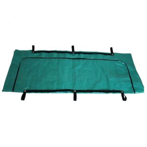 American style heavy-duty body bag made of blue PE woven fabric with riveted construction and 6 handles